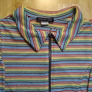 Vintage One By One Zipper Rainbow Striped Shirt Top Blouse Pride